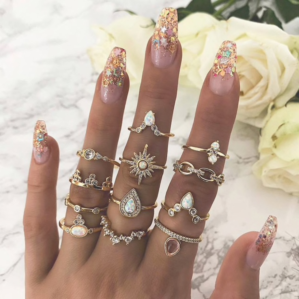 12 Ring Set Gold Tone Moonstone Lot